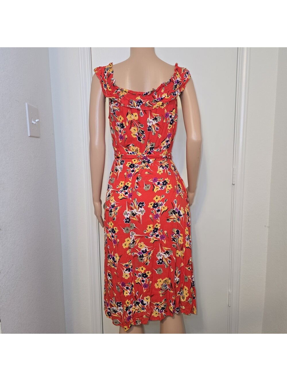 Anthropologie Conversations Dress Womens Small Red Floral Ruffle Midi US Sz 6 - Picture 3 of 11